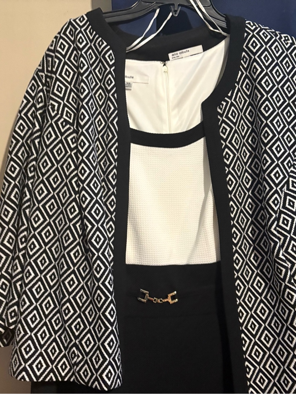 Studio One Black & White Geometric Open-Front Jacket - Classic Women's Coat